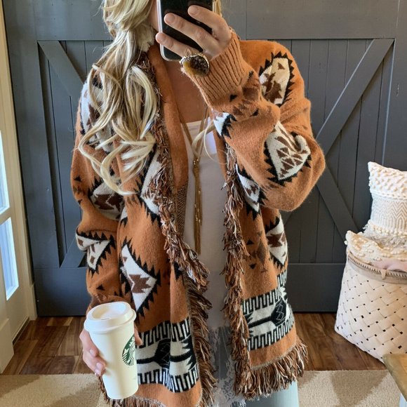 New Aztec Western Print Boho Blanket Western Cardigan Sweater - Picture 4 of 8